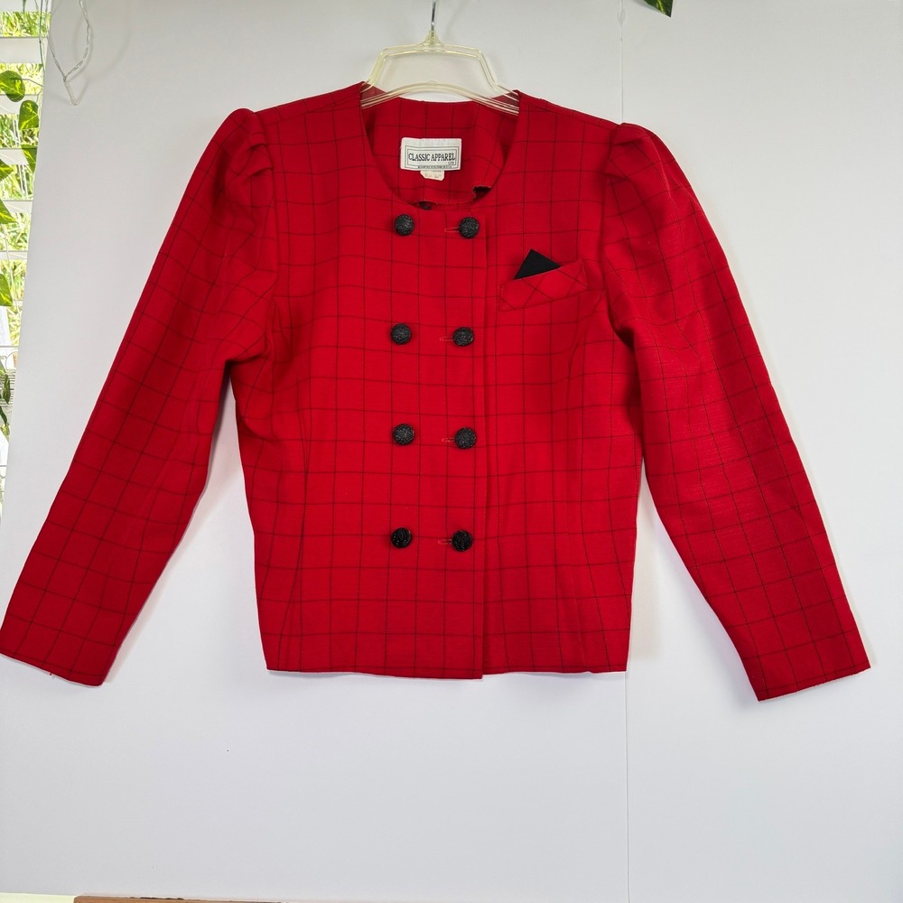 VTG Classic Apparel Ltd Red Plaid Blazer Jacket Double Breasted Vintage 6P USA